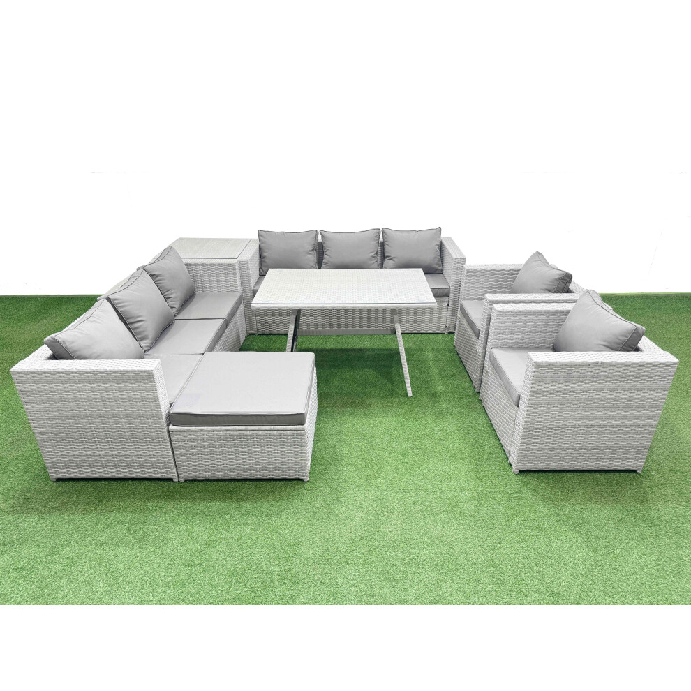 Fimous 9 Seater Garden Furniture Set Pe Ratten Garden Sofa Set With Rectangular Dining Table Big Stool Side Table Light Grey