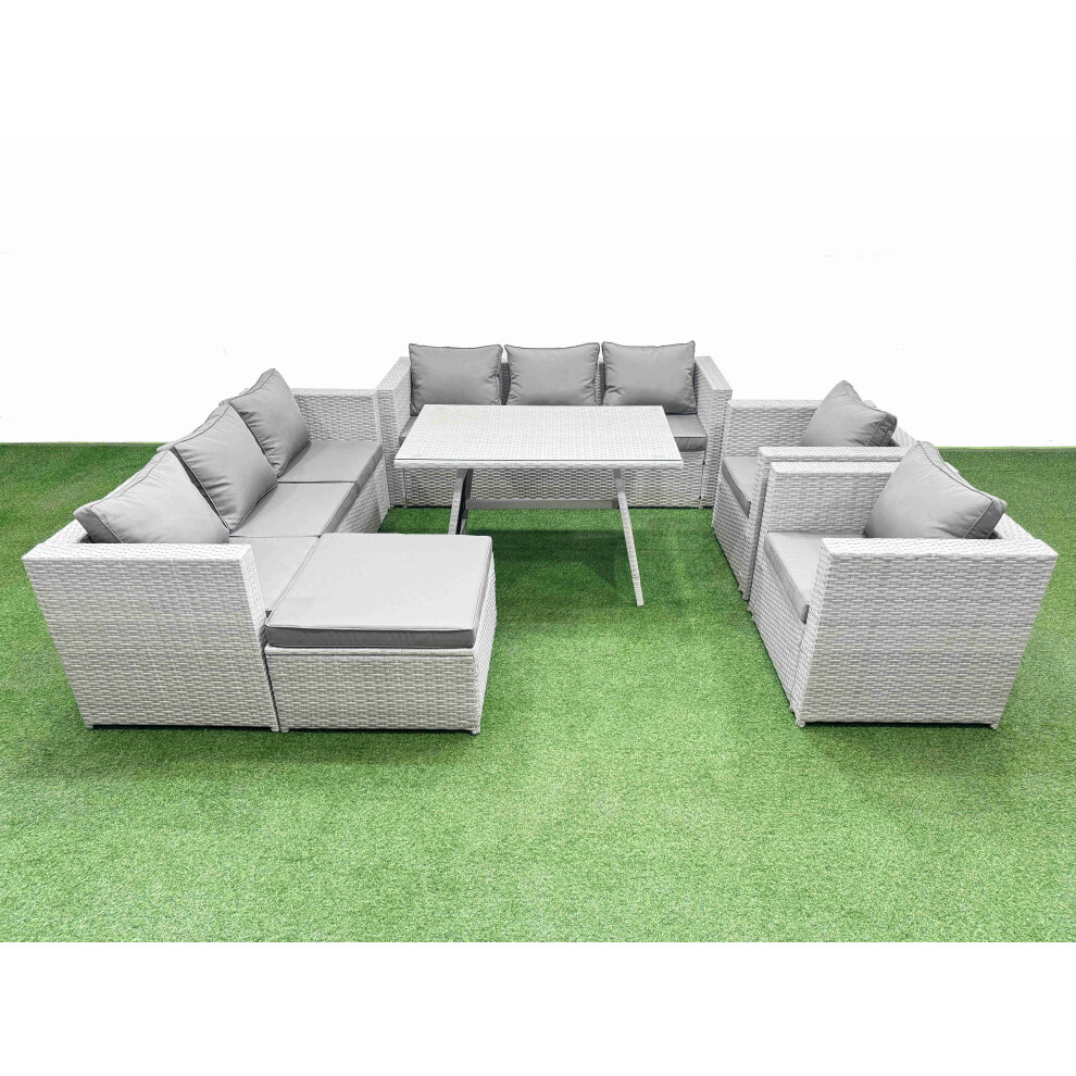 Fimous 9 Seater Garden Furniture Set PE Ratten Garden Sofa Set with Rectangular Dining Table Big Stool Light Grey