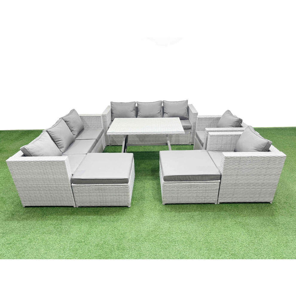 Fimous 10 Seater Garden Furniture Set PE Ratten Garden Sofa Set with Rectangular Dining Table 2 Big Stool Light Grey