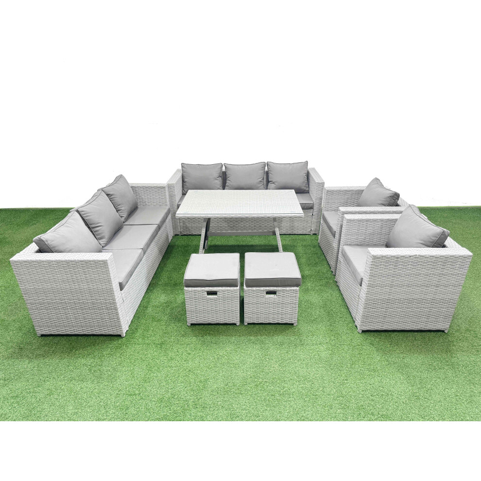 Fimous 10 Seater Garden Furniture Set PE Ratten Garden Sofa Set with Rectangular Dining Table 2 Small Stools Light Grey-image-OPC-PH82FZP-NEW