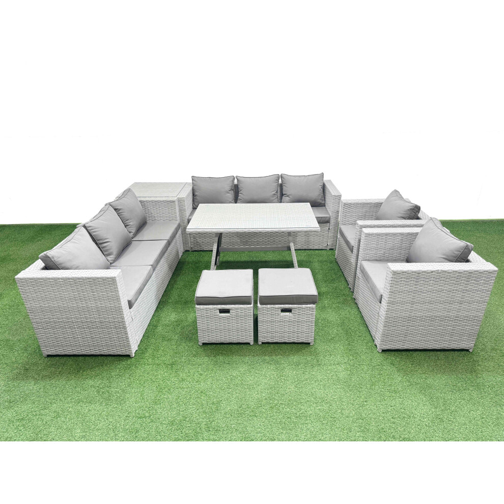 Fimous 10 Seater Garden Furniture Set PE Ratten Garden Sofa Set with Rectangular Dining Table 2 Small Stools Side Table Light Grey
