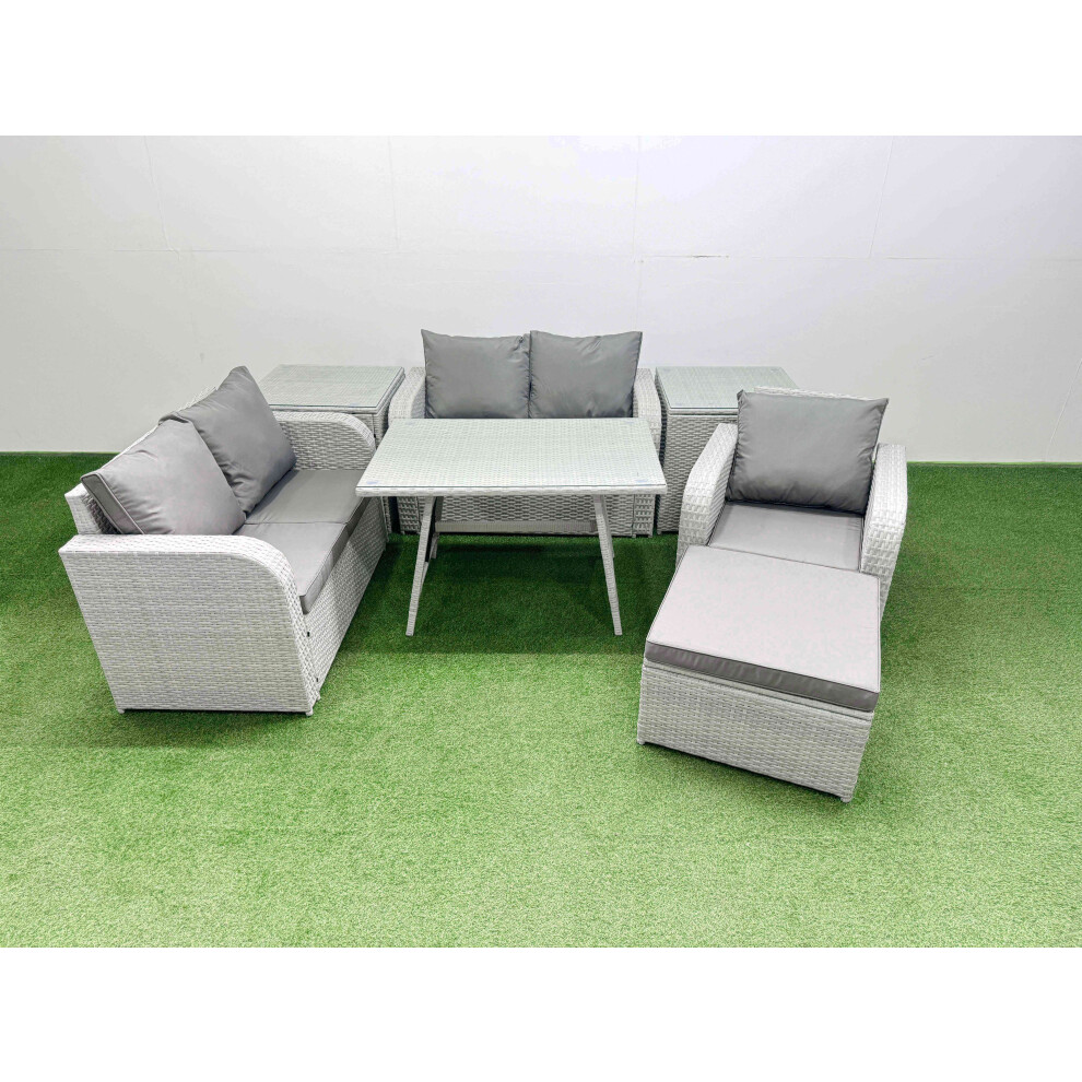 Fimous 6 Seater Outdoor Rattan Garden Furniture Set Love Sofa Reclining Chair Set With Rectangular Dining Table 2 Side Tables Big Footstool