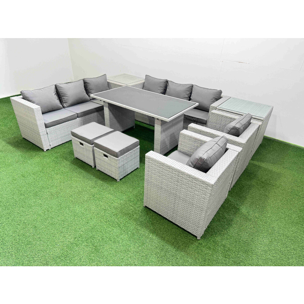 Rackhams Light/Grey 10 Seater Wicker Pe Rattan Furniture Outdoor Dining Table 3 Seater Sofa Armchair Set With 2 Side Tables 2 Small Stools - Image 2