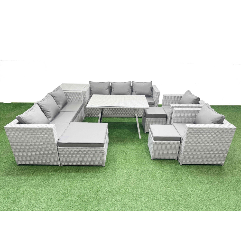 Fimous 11 Seater Garden Furniture Set Pe Ratten Garden Sofa Set With Rectangular Dining Table 3 Stool Side Table Light Grey
