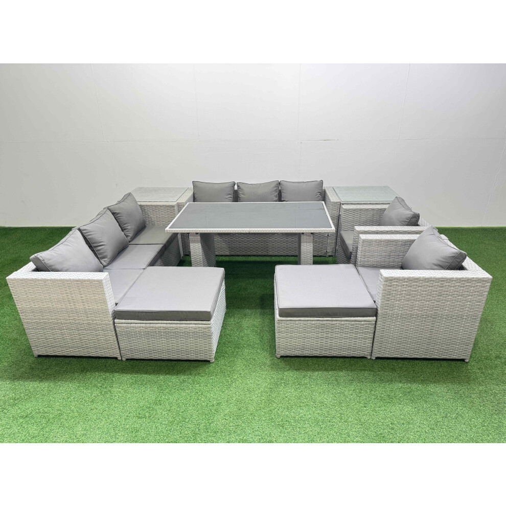 Rackhams Light/Grey 10 Seater Wicker Pe Rattan Furniture Outdoor Dining Table 3 Seater Sofa Armchair Set With 2 Side Tables 2 Big Stools - Image 2