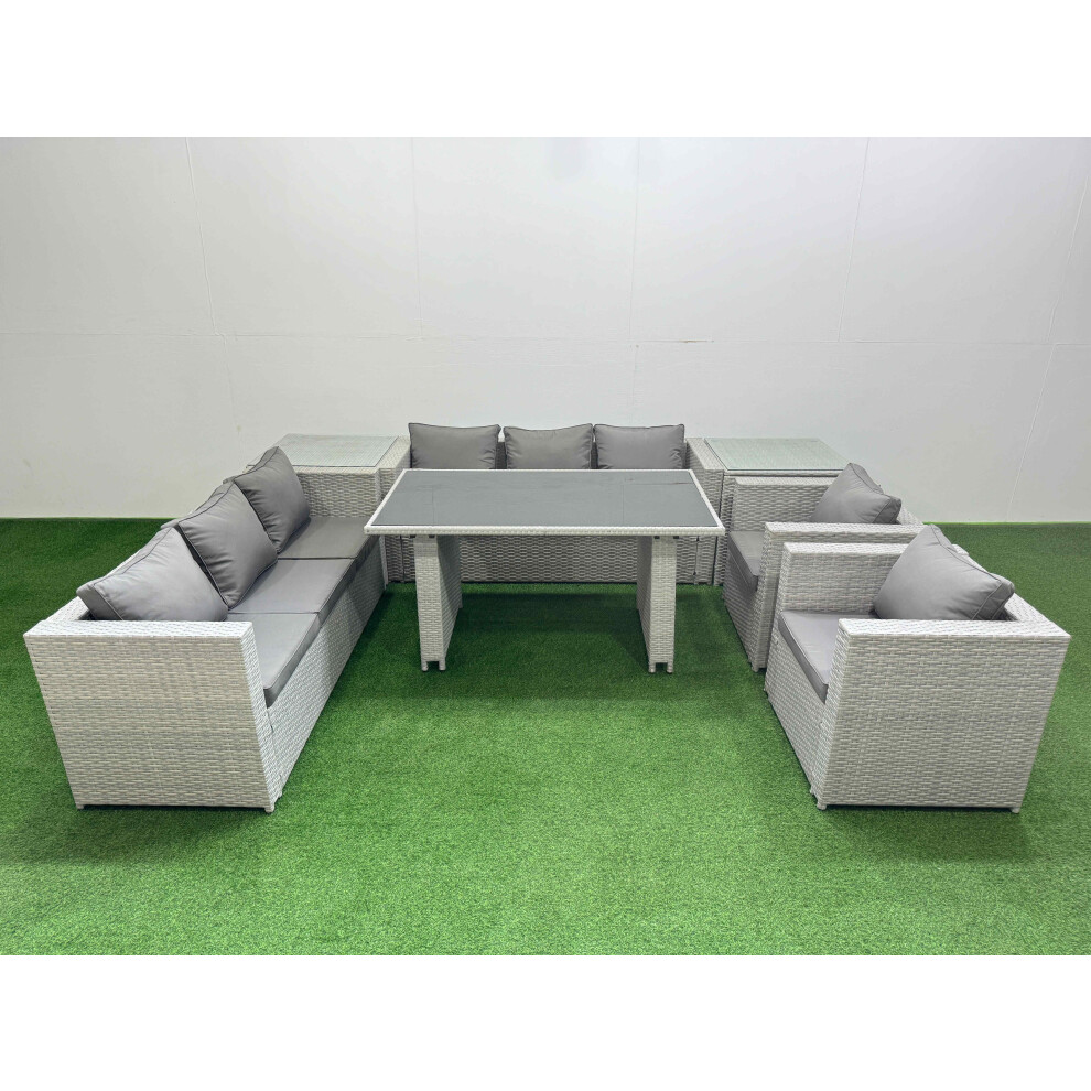 Fimous 8 Seater Wicker PE Rattan Furniture Outdoor Dining Table 3 Seater Sofa Armchair Set with 2 Side Tables Light Grey