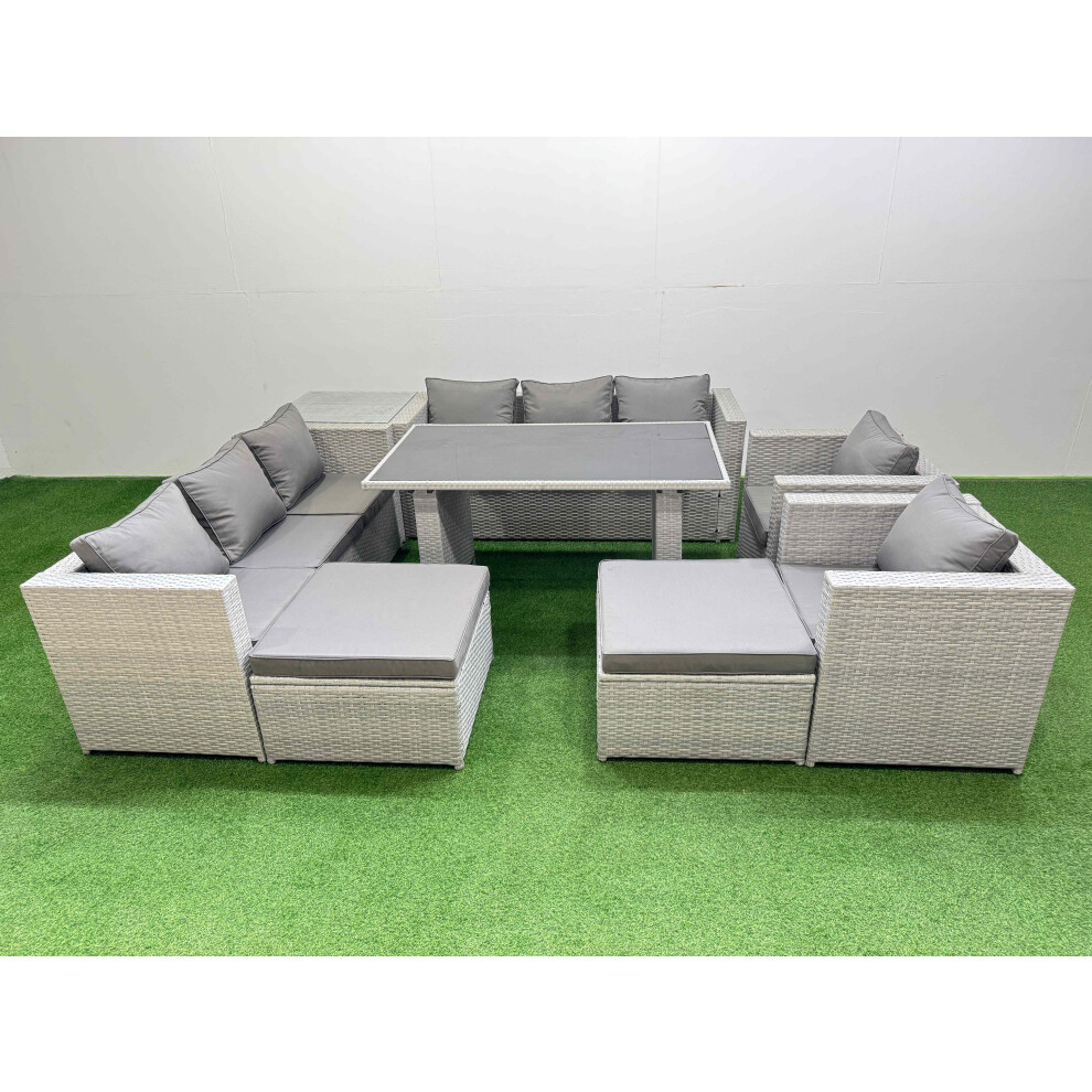 Fimous 10 Seater Wicker PE Rattan Furniture Outdoor Dining Table 3 Seater Sofa Armchair Set with Side Table 2 Big Stools Light Grey