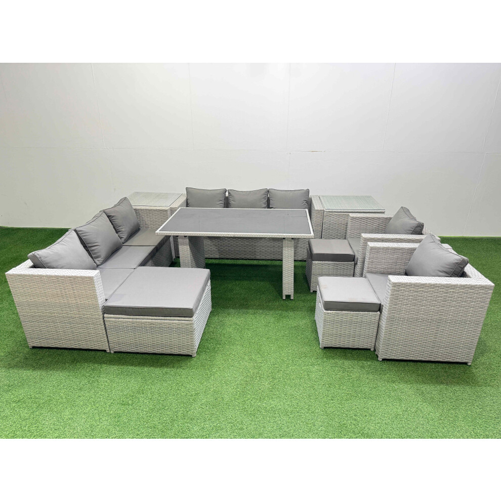 Fimous 11 Seater Wicker Pe Rattan Furniture Outdoor Dining Table 3 Seater Sofa Armchair Set With 2 Side Tables 3 Stools Light Grey