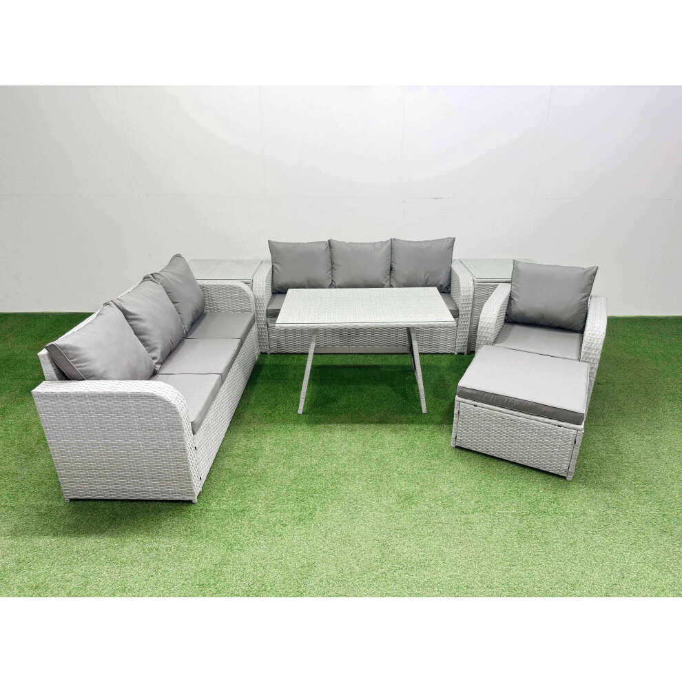 Fimous 7 Pieces Outdoor PE Rattan Garden Furniture with Cushions Reclining Chair 2 Side Tables Big Stool Light Grey