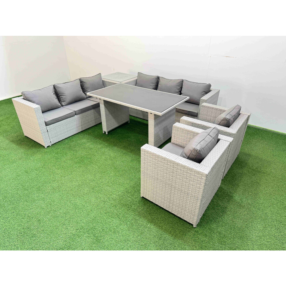 Fimous 8 Seater Wicker Pe Rattan Furniture Outdoor Dining Table 3 Seater Sofa Armchair Set With Side Table Light Grey