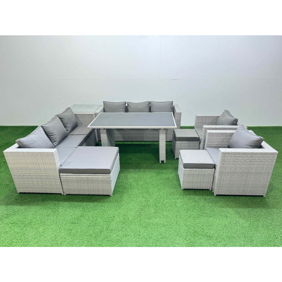 Fimous Light/Grey 11 Seater Wicker Pe Rattan Furniture Outdoor Dining Table 3 Seater Sofa Armchair Set With Side Table 3 Stools - Image 2