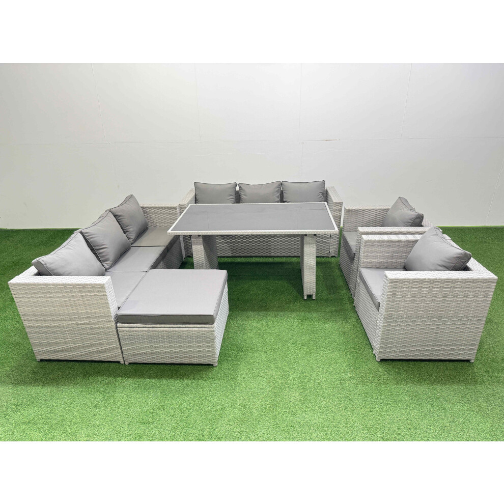 Fimous 9 Seater Wicker PE Rattan Furniture Outdoor Dining Table 3 Seater Sofa Armchair Set with Big Stool Light Grey