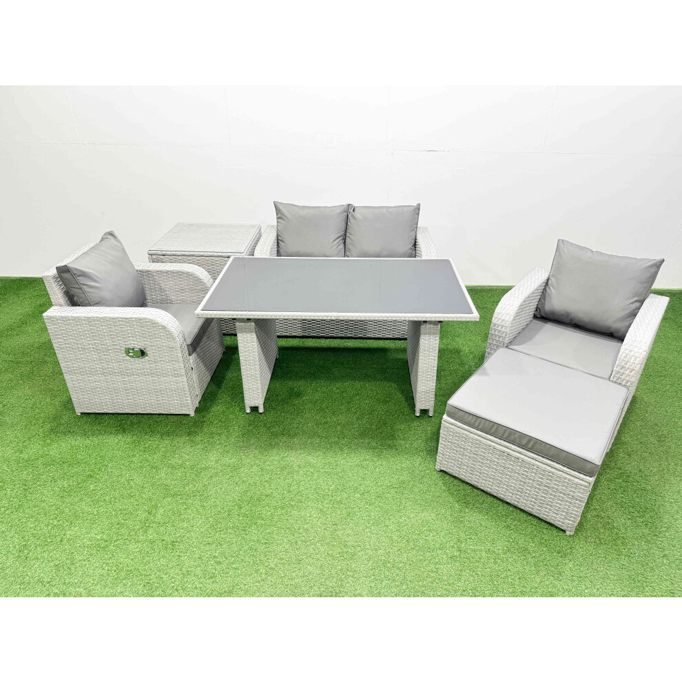 Rackhams Dark/Grey Outdoor Rattan Garden Furniture Dining Set 5 Seater Patio Rectangular Table Love Sofa Reclining Chair Set With Side Table Big Stool - Image 2