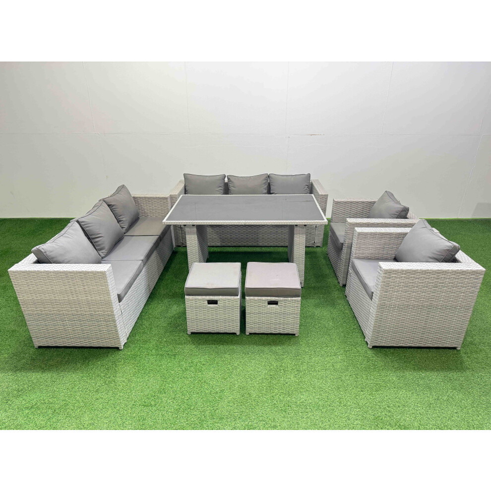 Fimous 10 Seater Wicker Pe Rattan Furniture Outdoor Dining Table 3 Seater Sofa Armchair Set With 2 Small Stools Light Grey