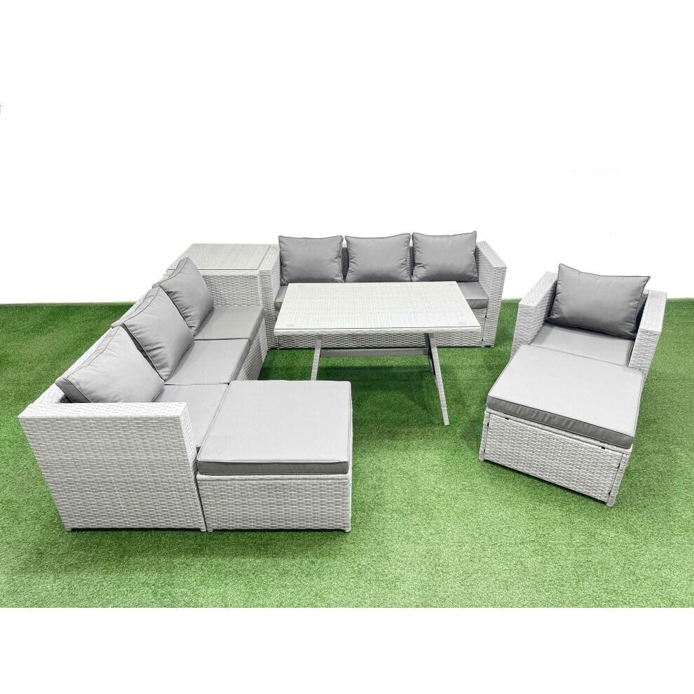Rackhams Light/Grey/Dark Outdoor Rattan Garden Furniture Dining Set 9 Seater Patio Rectangular Table 3 Seater Sofa Armchair Set With Side Table 2 Big Stools - Image 2
