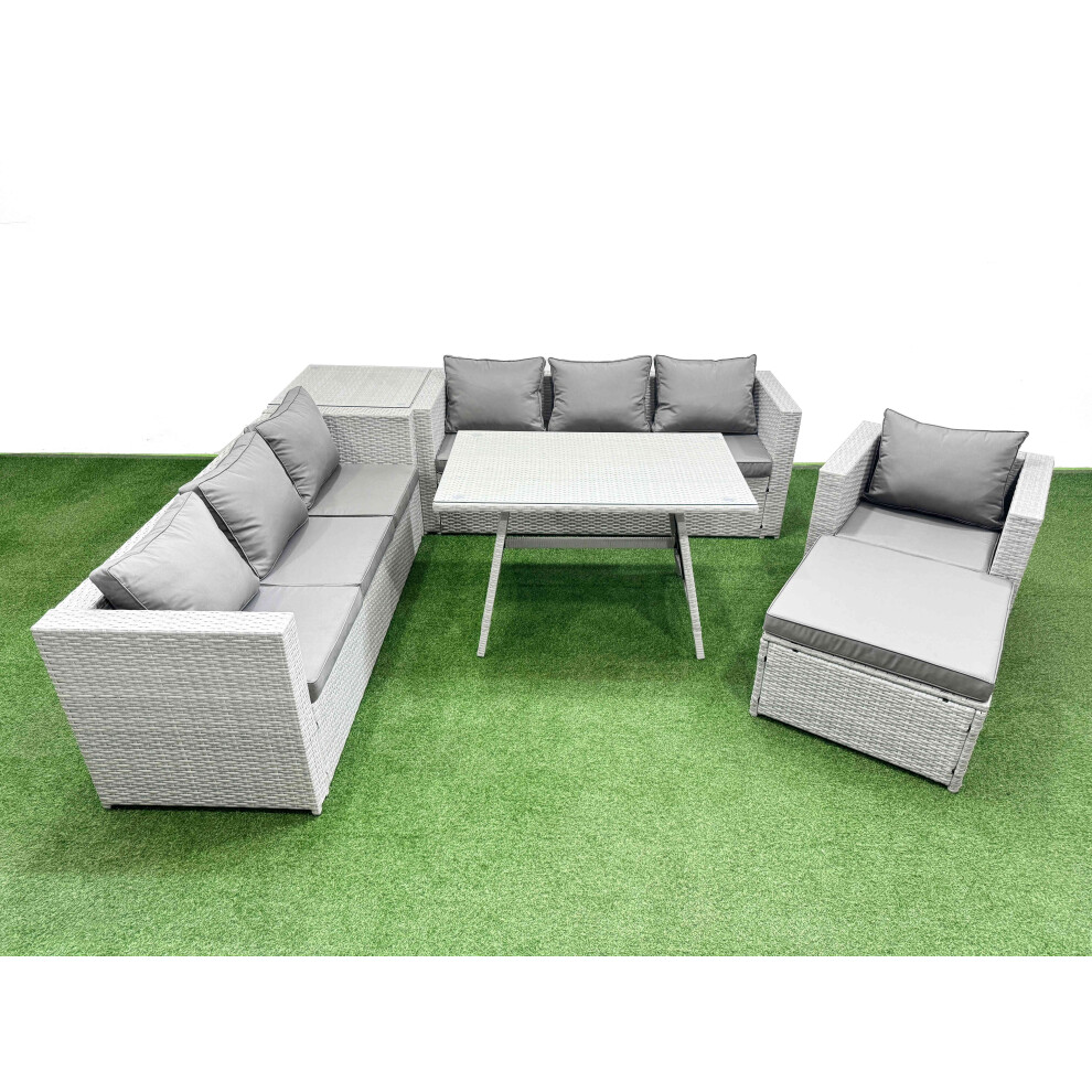 Fimous Outdoor Rattan Garden Furniture Dining Set 8-Seater Patio Rectangular Table 3 Seater Sofa Armchair Set With Side Table Big Stool