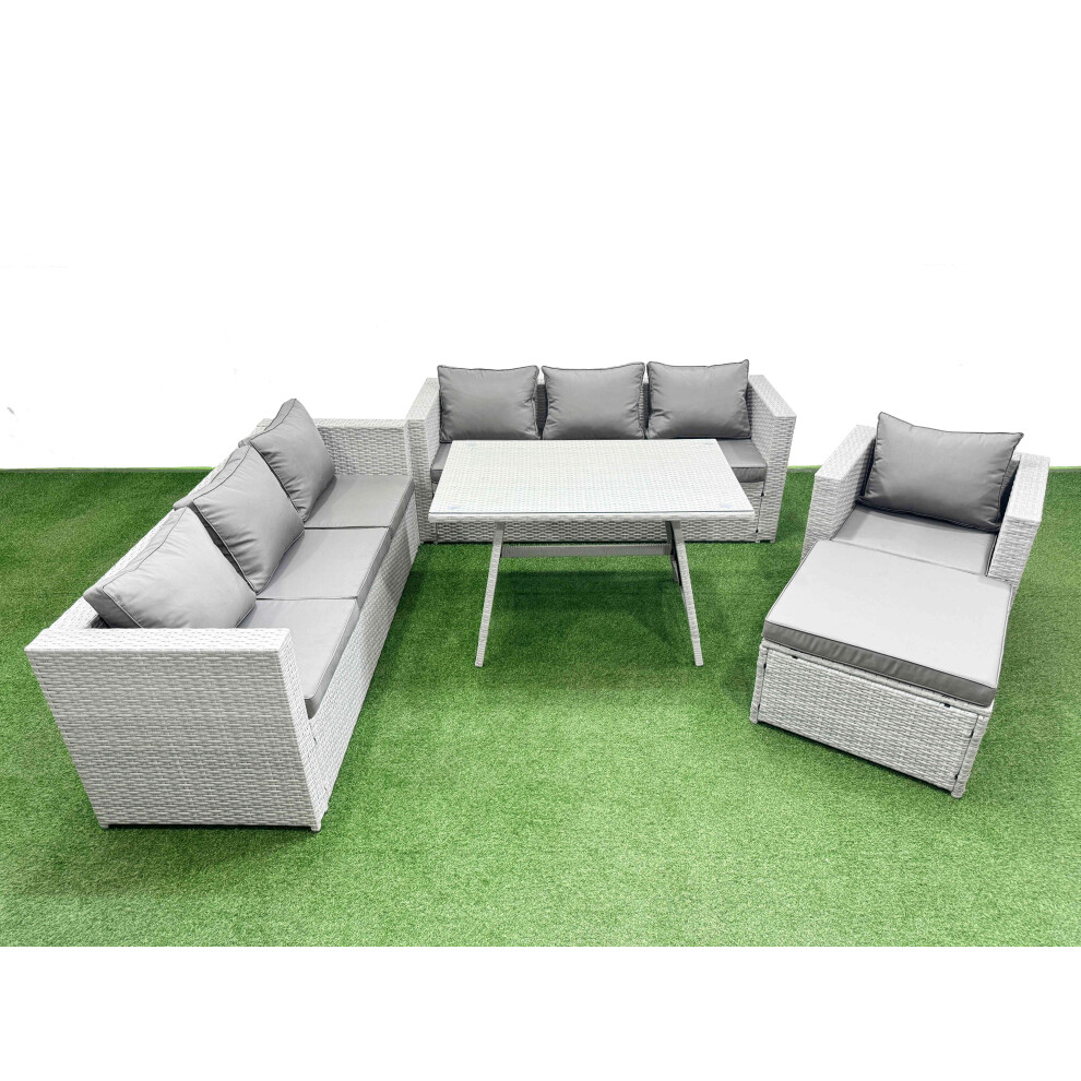 Fimous Outdoor Rattan Garden Furniture Dining Set 8-Seater Patio Rectangular Table 3 Seater Sofa Armchair Set With Big Stool