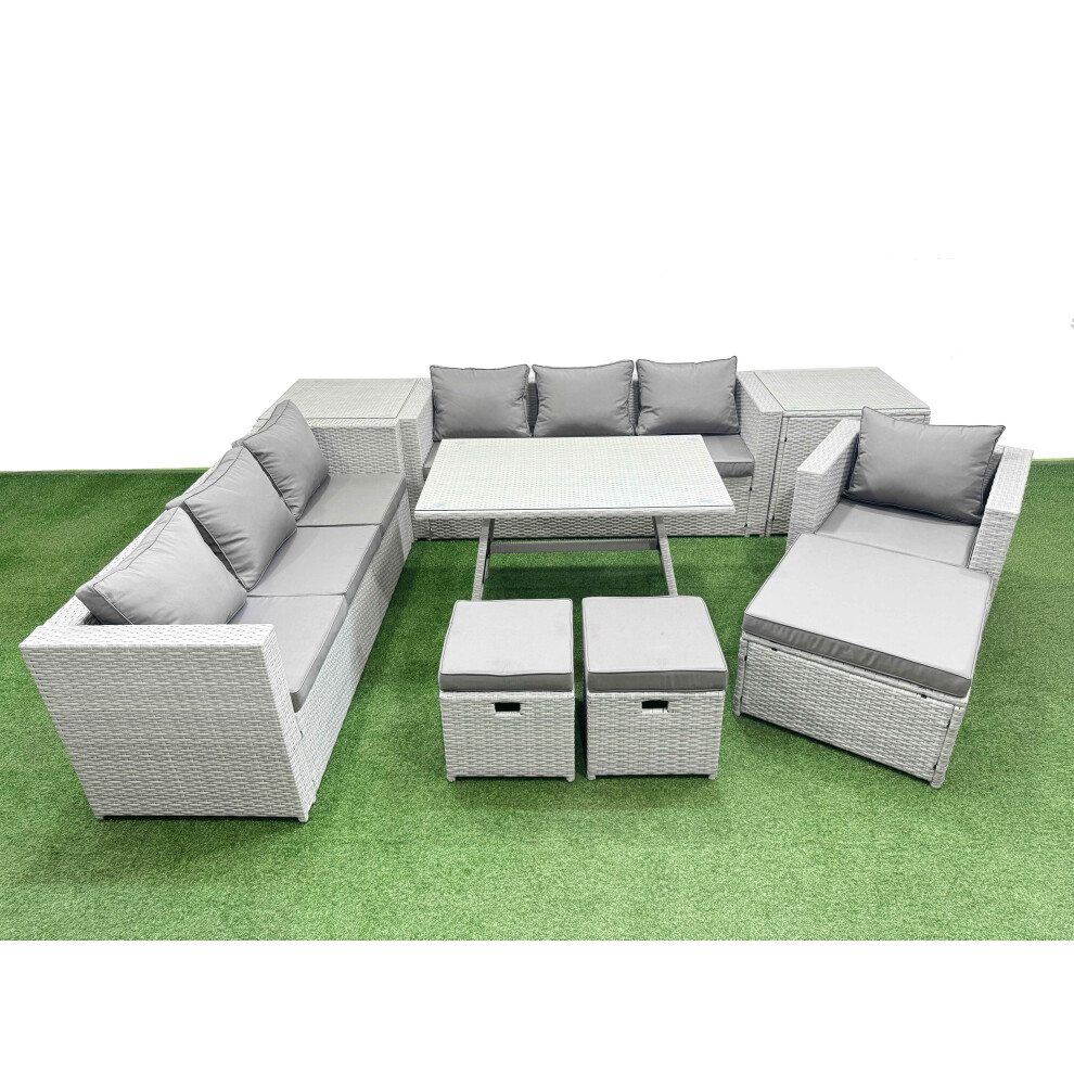 Fimous Outdoor Rattan Garden Furniture Dining Set 10-seater Patio Rectangular Table 3 Seater Sofa Armchair Set with 2 Side Tables 3 Stools