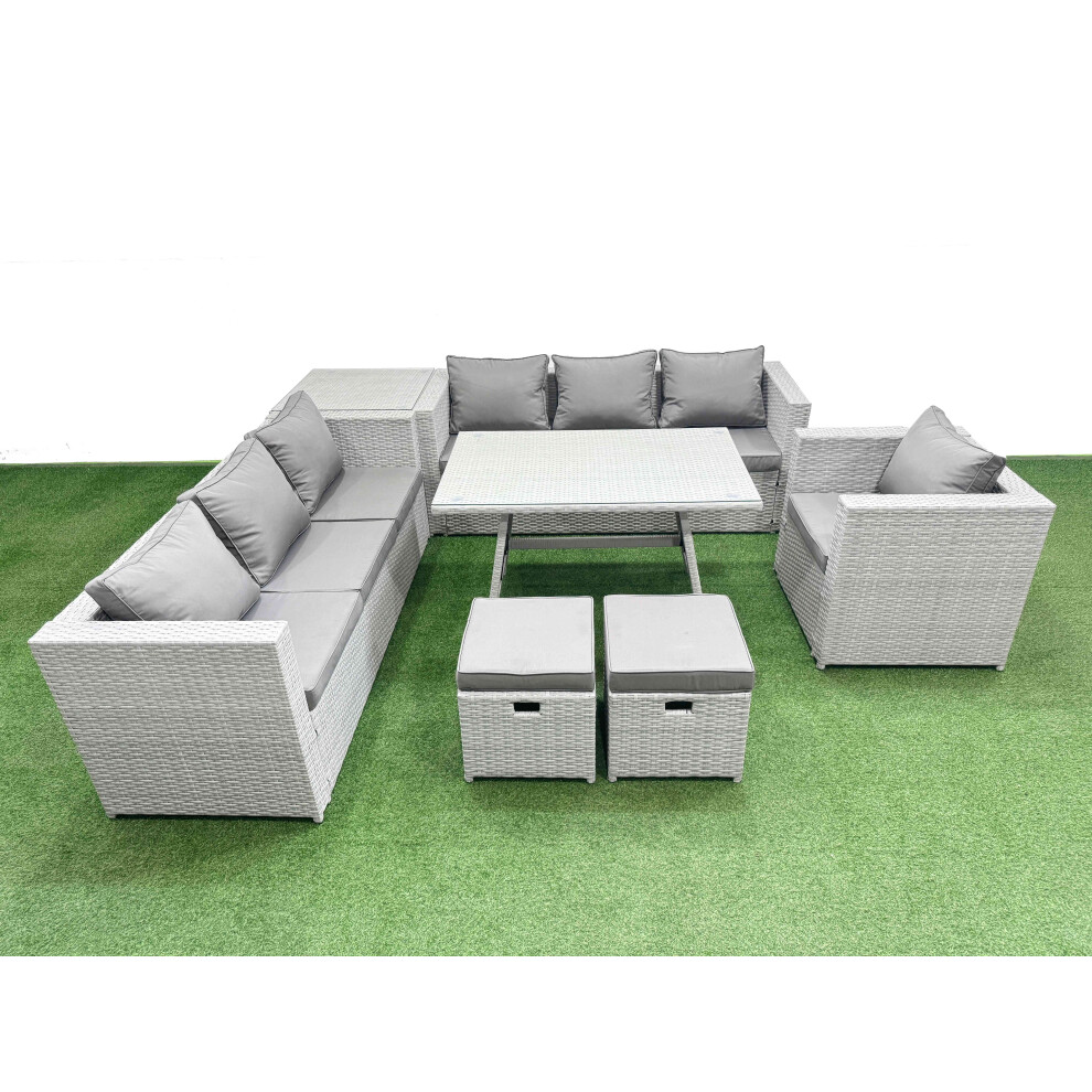 Fimous Light/Grey/Dark Outdoor Rattan Garden Furniture Dining Set 9 Seater Patio Rectangular Table 3 Seater Sofa Armchair Set With Side Table 2 Small Stools - Image 2