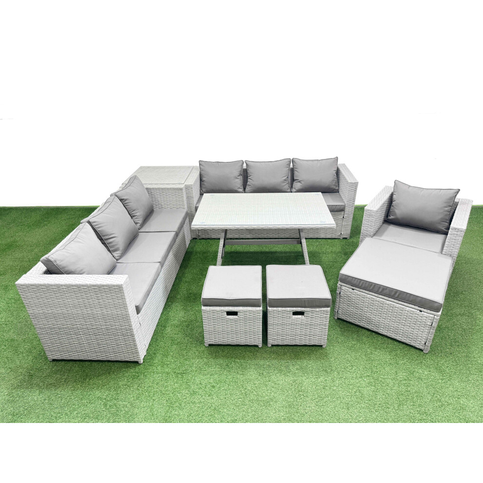 Fimous Outdoor Rattan Garden Furniture Dining Set 10-seater Patio Rectangular Table 3 Seater Sofa Armchair Set with Side Table 3 Stools