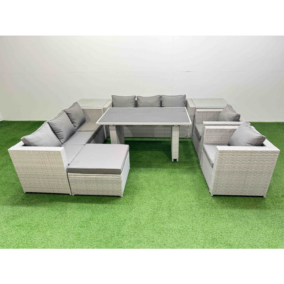 Fimous 9 Seater Wicker PE Rattan Furniture Outdoor Dining Table 3 Seater Sofa Armchair Set with 2 Side Tables Big Stool Light Grey-image-OPC-PH82G2V-NEW