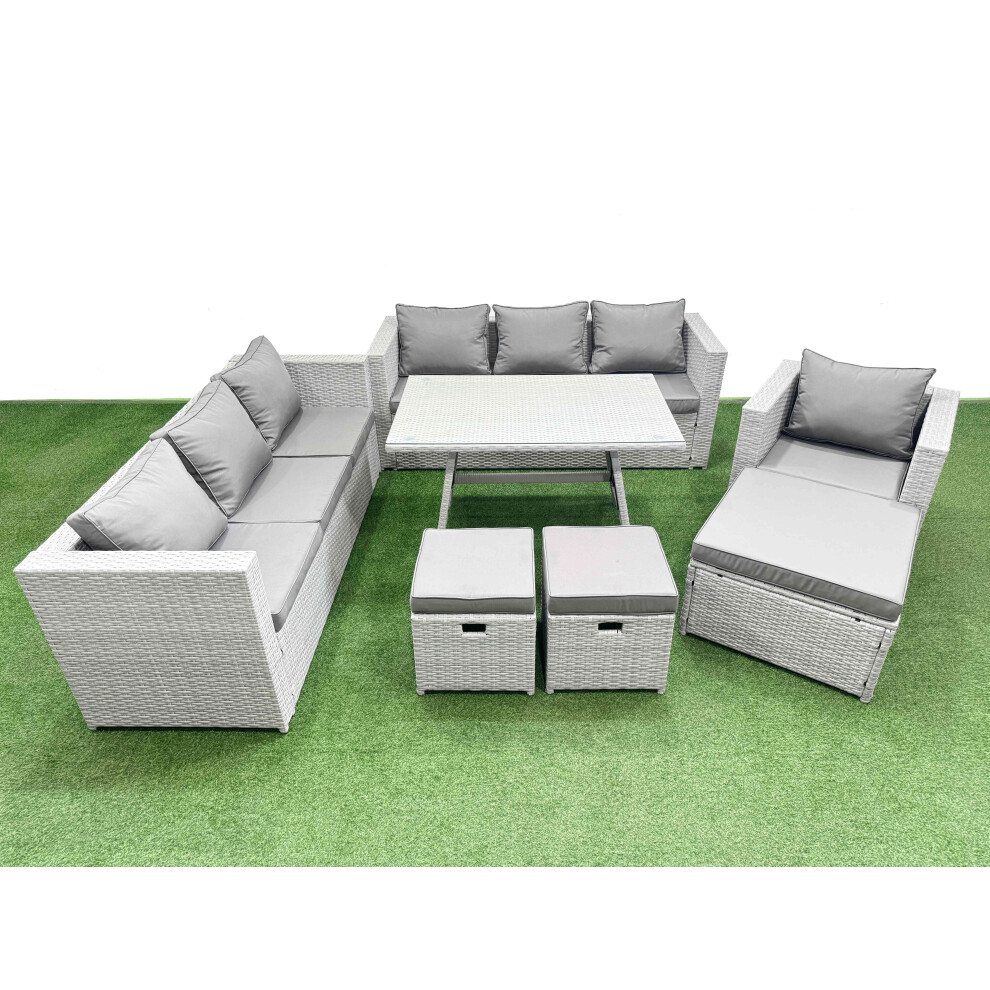 Fimous Outdoor Rattan Garden Furniture Dining Set 10-seater Patio Rectangular Table 3 Seater Sofa Armchair Set with 3 Stools