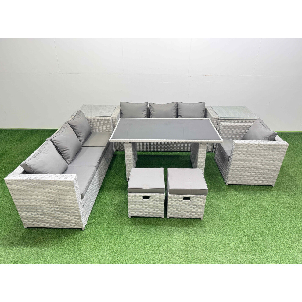 Fimous Patio Garden Furniture Sets with Black Glass Top Dining Table 3 Seater Sofa Armchair 2 Side Tables 2 Small Stool Light Grey