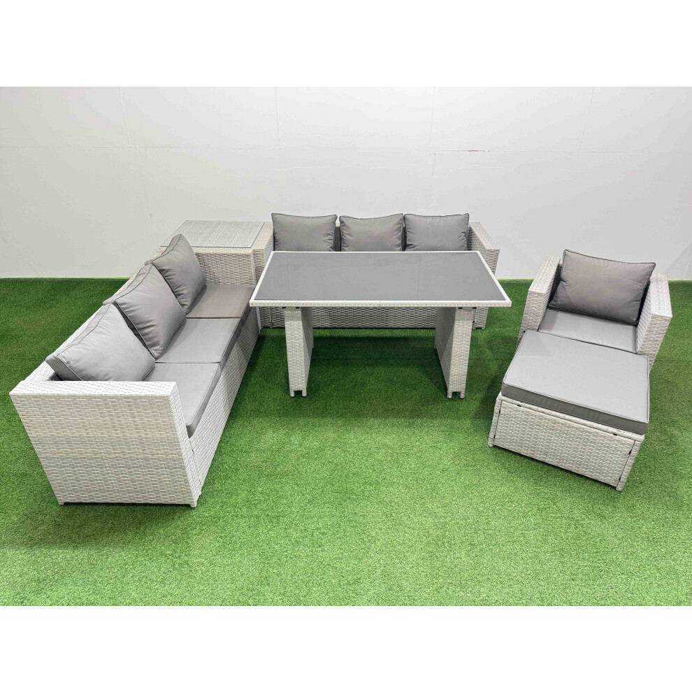 Fimous Patio Garden Furniture Sets With Black Glass Top Dining Table 3 Seater Sofa Armchair Side Table Big Stool Light Grey Black,Grey