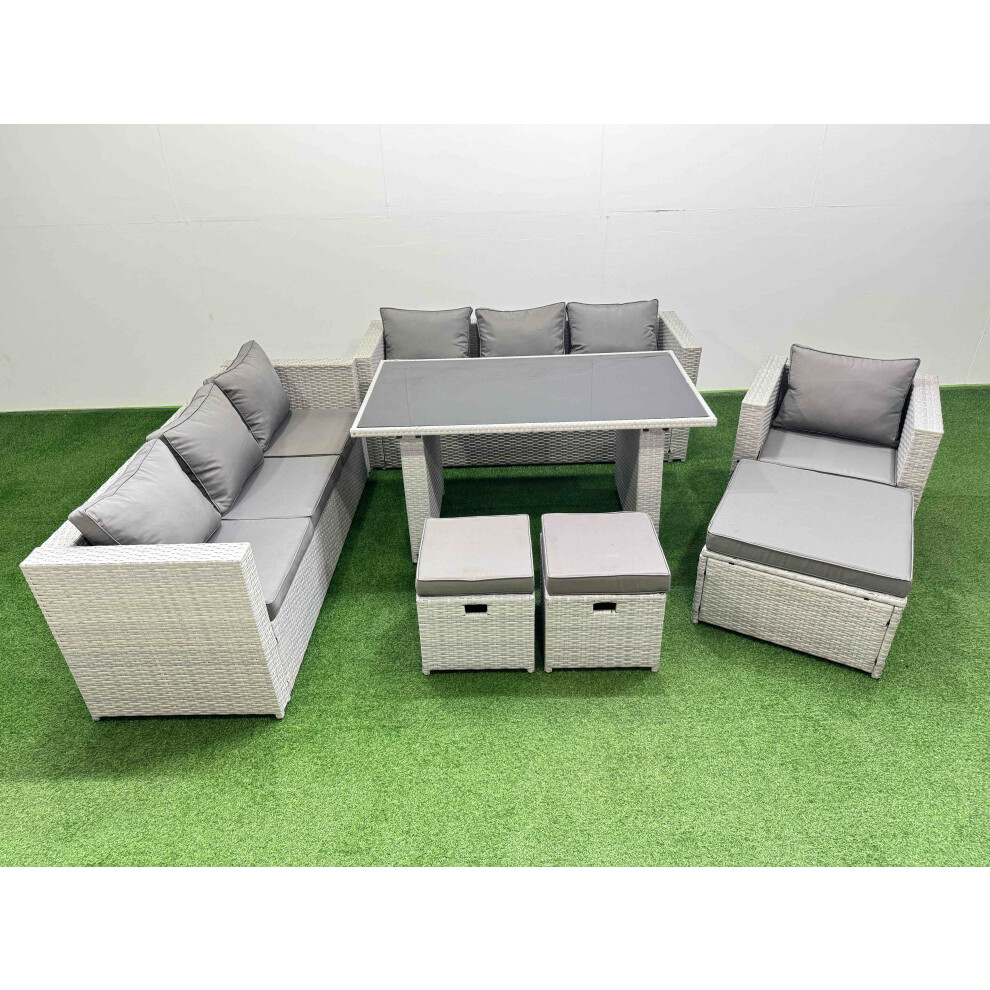Fimous Patio Garden Furniture Sets with Black Glass Top Dining Table 3 Seater Sofa Armchair 3 Stool Light Grey