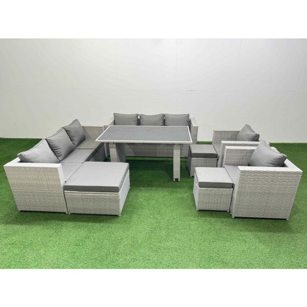 Fimous 11 Seater Wicker Pe Rattan Furniture Outdoor Dining Table 3 Seater Sofa Armchair Set With 3 Stools Light Grey