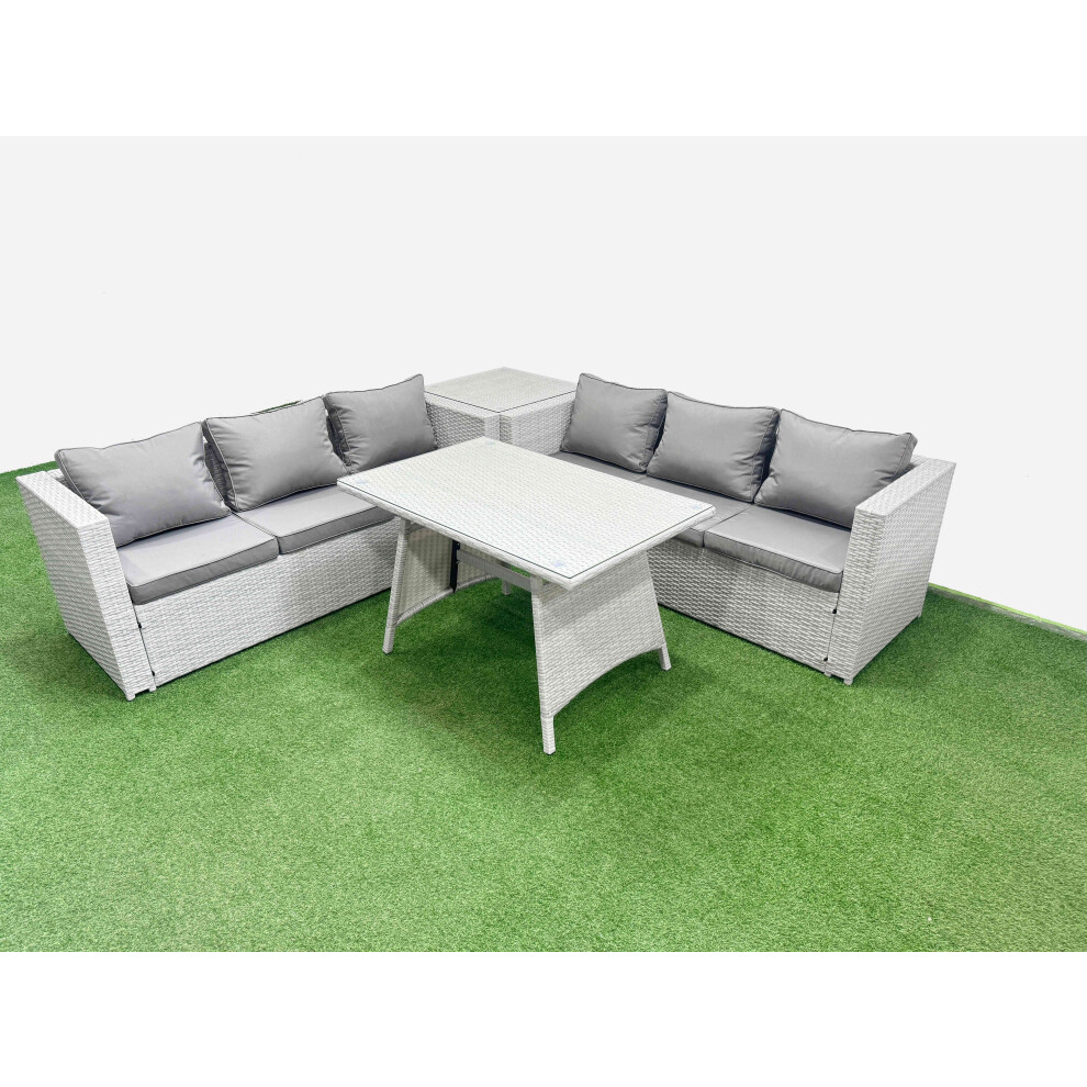 B&Q -  Rattan Garden Furniture Dining Set 6-Seater Patio Rectangular Table 3 Seater Sofa Set With Side Table Light Grey - Image 4