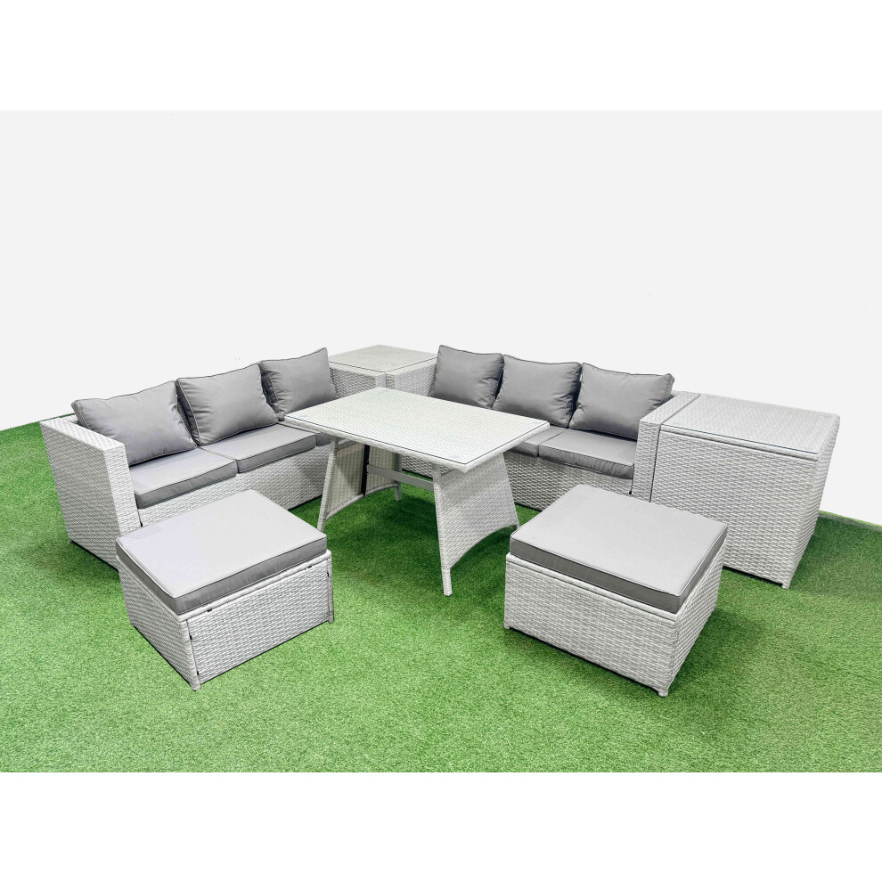Fimous Rattan Garden Furniture Dining Set 8-seater Patio Rectangular Table 3 Seater Sofa Set with 2 Side Tables 2 Big Stools Light Grey