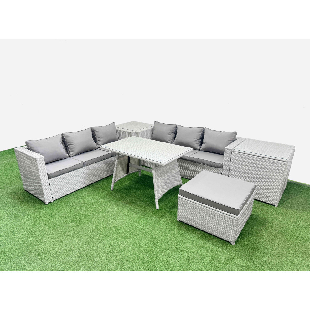 Fimous Rattan Garden Furniture Dining Set 7-seater Patio Rectangular Table 3 Seater Sofa Set with 2 Side Tables Big Stool Light Grey