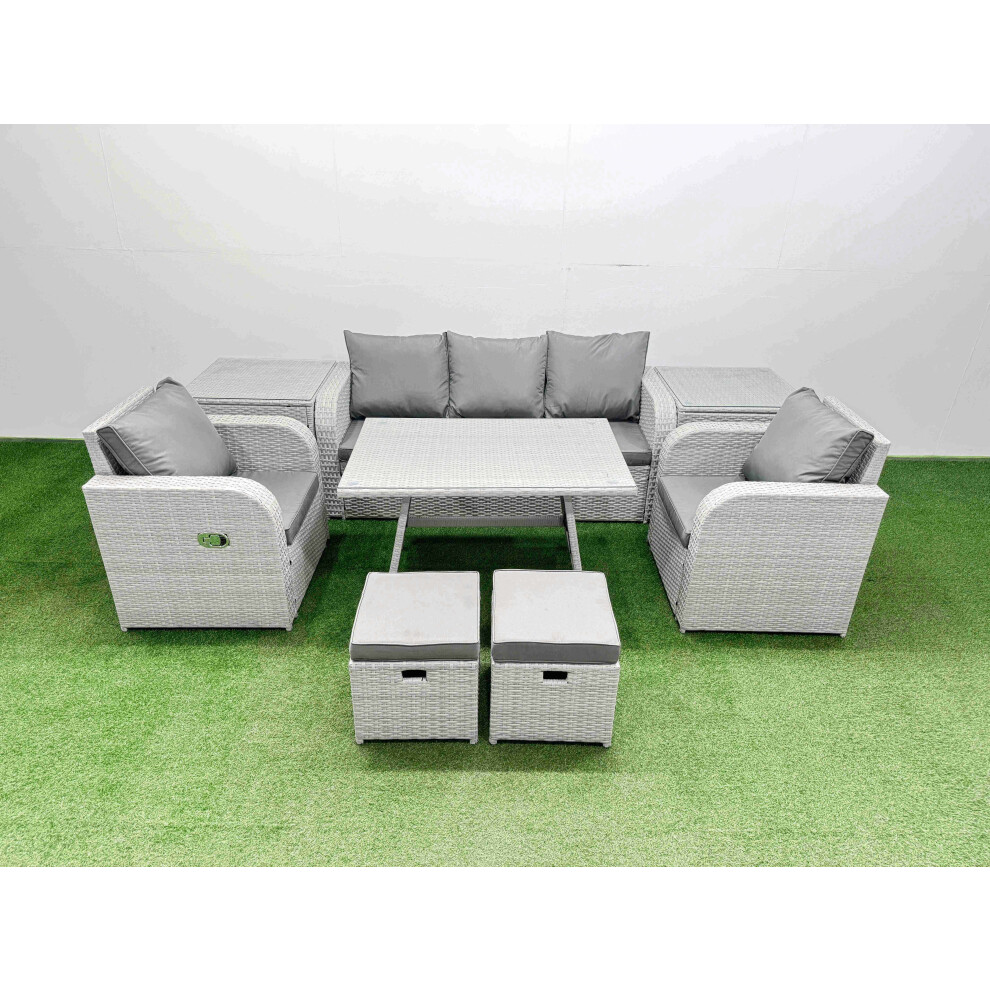Fimous Reclining Chair 3 Seat Sofa Set Garden Furniture Set with Rectangular Dining Table 2 Side Tables 2 Small Footstools Light Grey