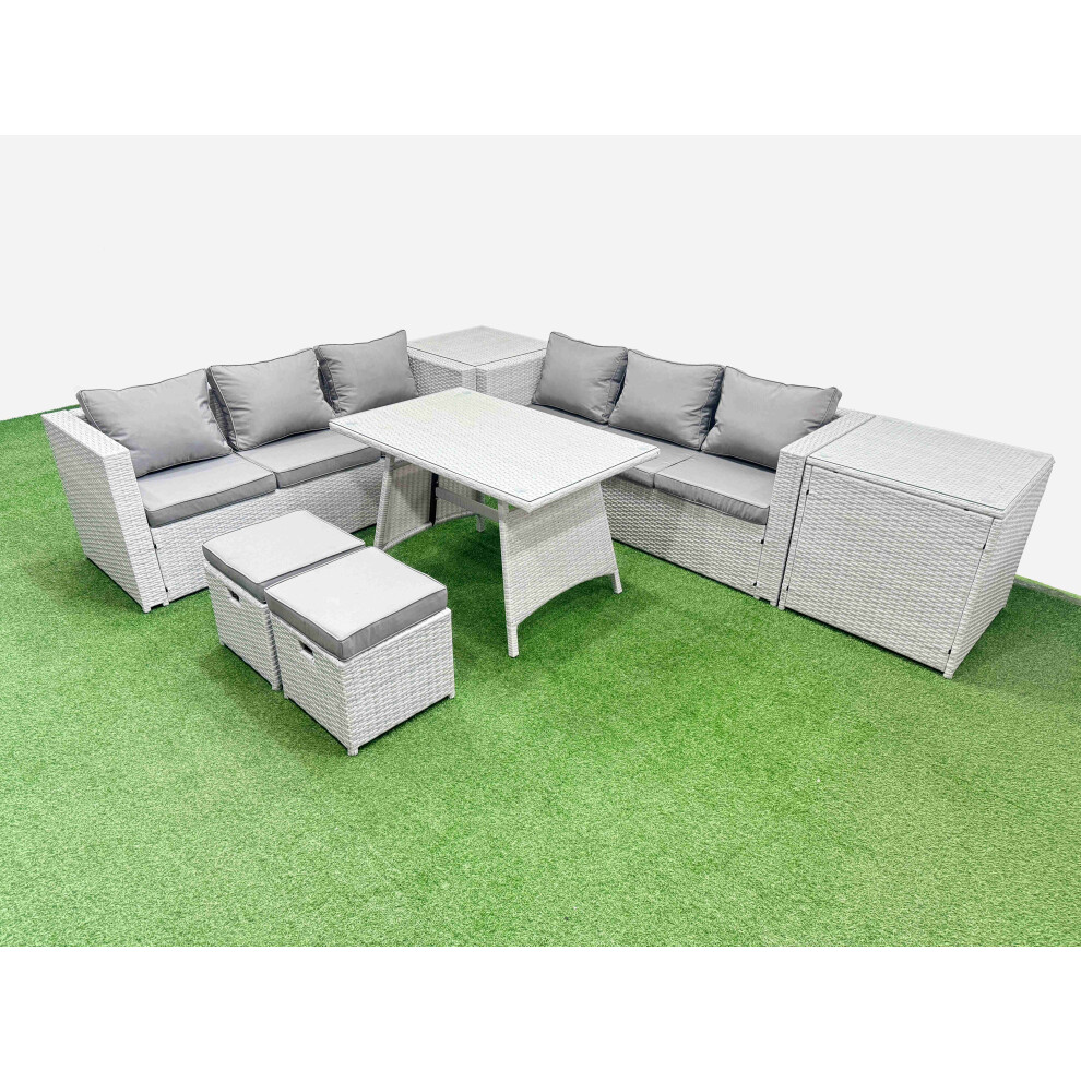 Fimous Rattan Garden Furniture Dining Set 8-seater Patio Rectangular Table 3 Seater Sofa Set with 2 Side Tables 2 Small Stools Light Grey