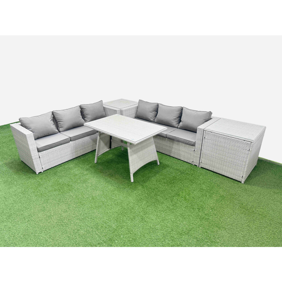 Fimous Rattan Garden Furniture Dining Set 6-seater Patio Rectangular Table 3 Seater Sofa Set with 2 Side Tables Light Grey-image-OPC-PH82G5P-NEW