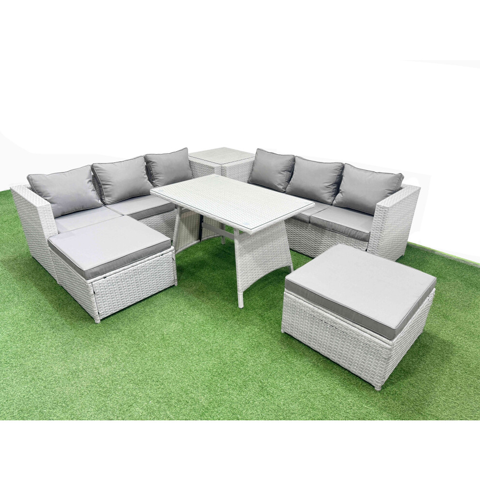 Fimous Rattan Garden Furniture Dining Set 8-seater Patio Rectangular Table 3 Seater Sofa Set with Side Table 2 Big Stools Light Grey