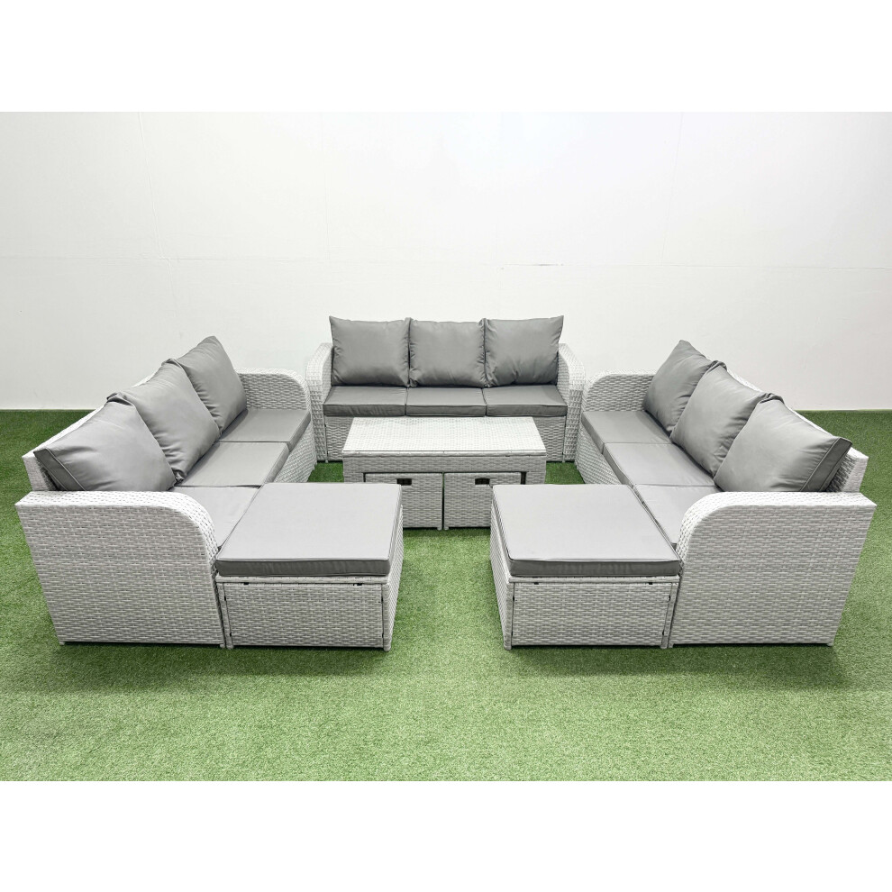 Fimous Outdoor Garden Furniture Set PE Rattan 3 Seater Sofa Set with Oblong Coffee Table 4 Footstools Light Grey