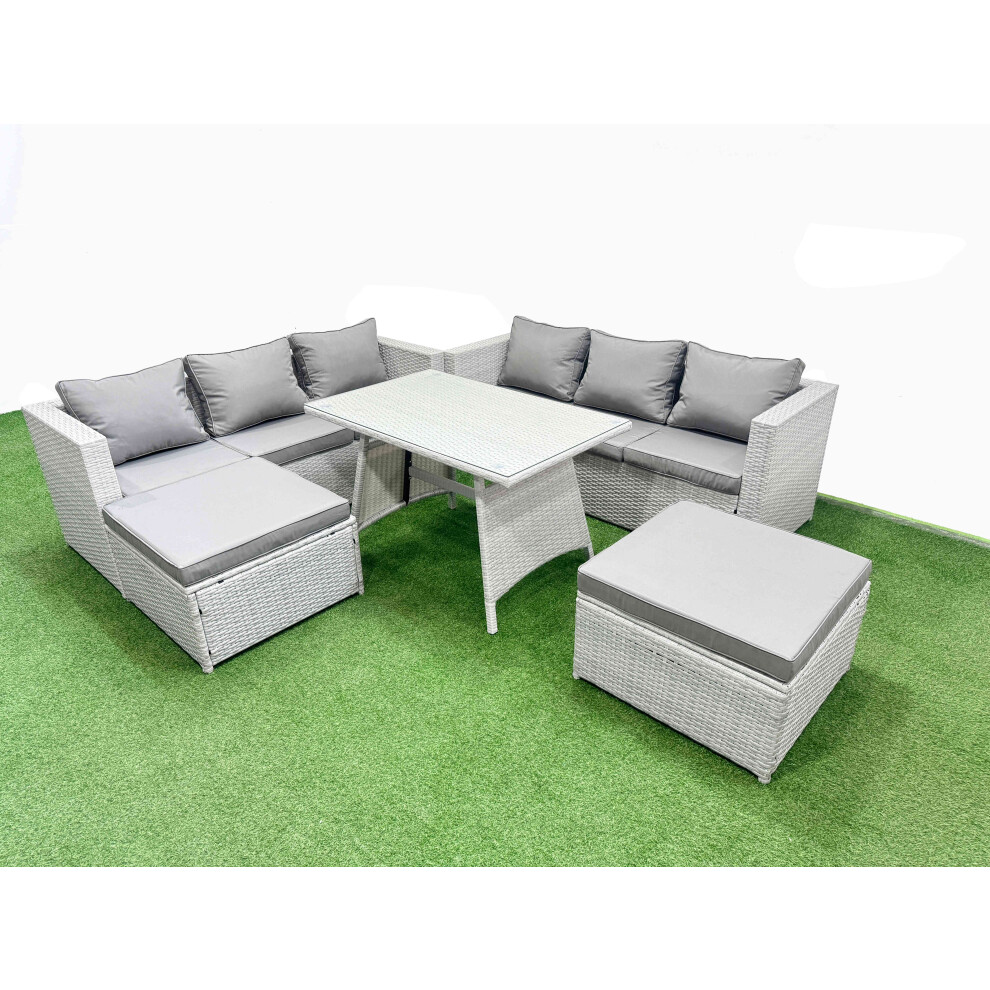 Fimous Rattan Garden Furniture Dining Set 8-seater Patio Rectangular Table 3 Seater Sofa Set with 2 Big Stools Light Grey