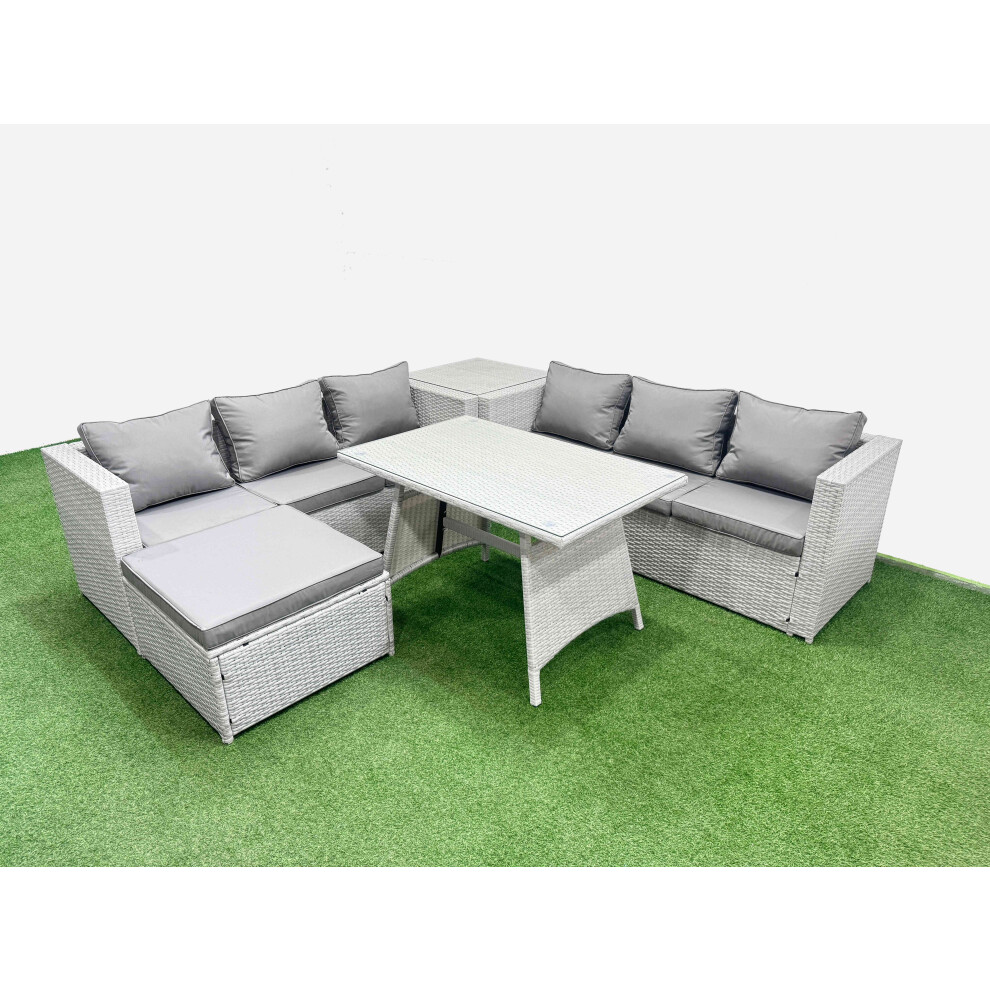 Fimous Rattan Garden Furniture Dining Set 7-Seater Patio Rectangular Table 3 Seater Sofa Set With Side Table Big Stool Light Grey