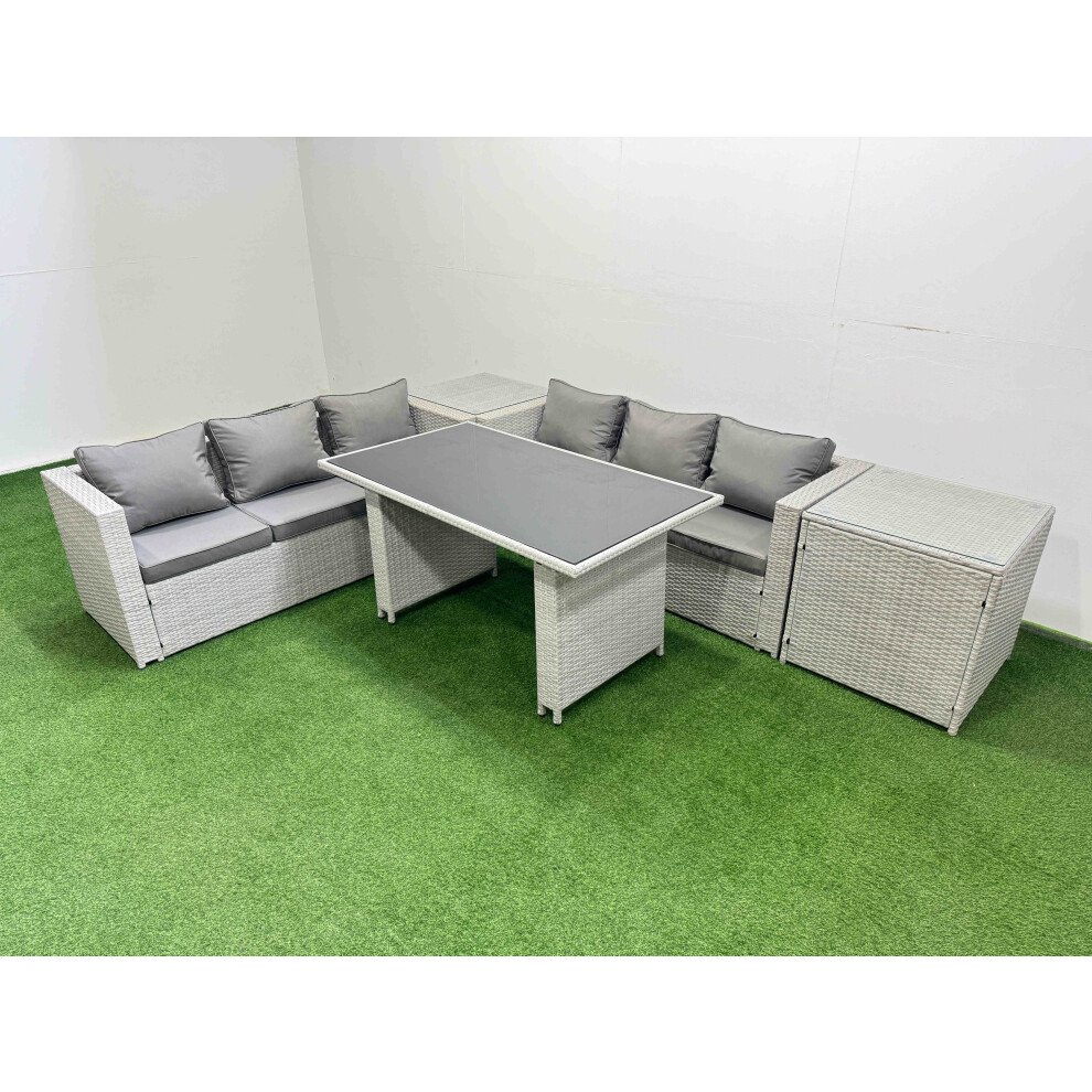 Rackhams Light/Grey Rattan Garden Furniture Dining Set 6 Seater Patio Rectangular Table Sofa Set With 2 Side Tables - Image 2