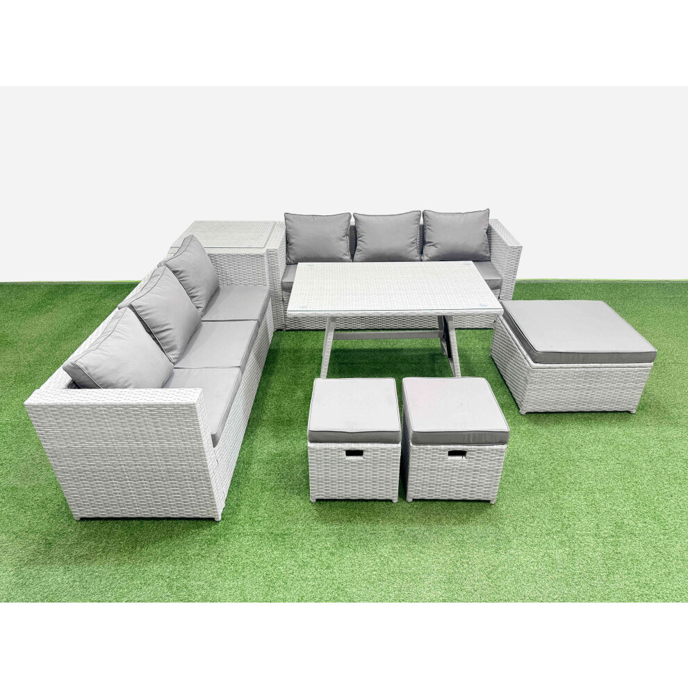 Fimous Light/Grey Rattan Garden Furniture Dining Set 9 Seater Patio Rectangular Table 3 Seater Sofa Set With Side Table 3 Stools - Image 2