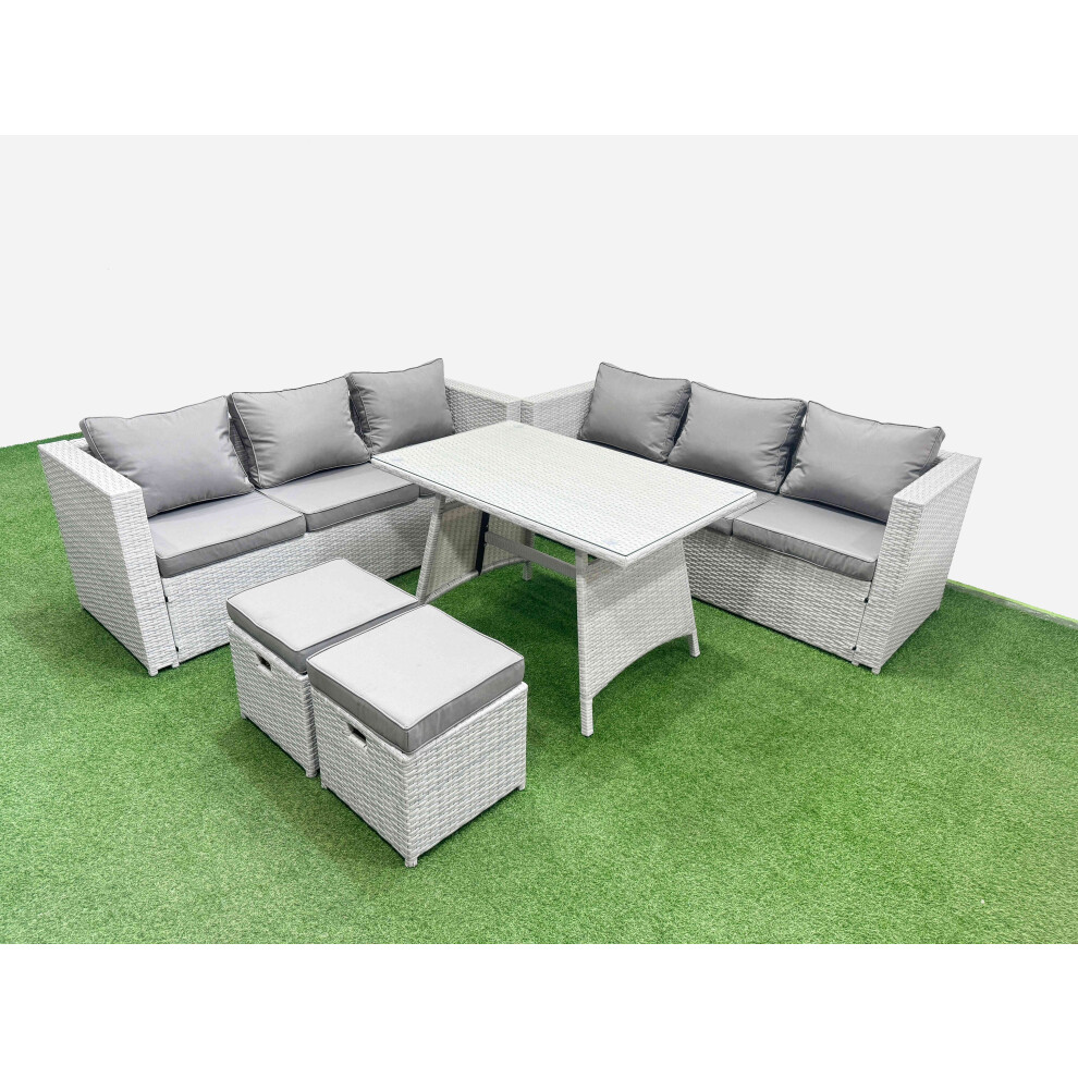 Fimous Rattan Garden Furniture Dining Set 8-seater Patio Rectangular Table 3 Seater Sofa Set with 2 Small Stools Light Grey