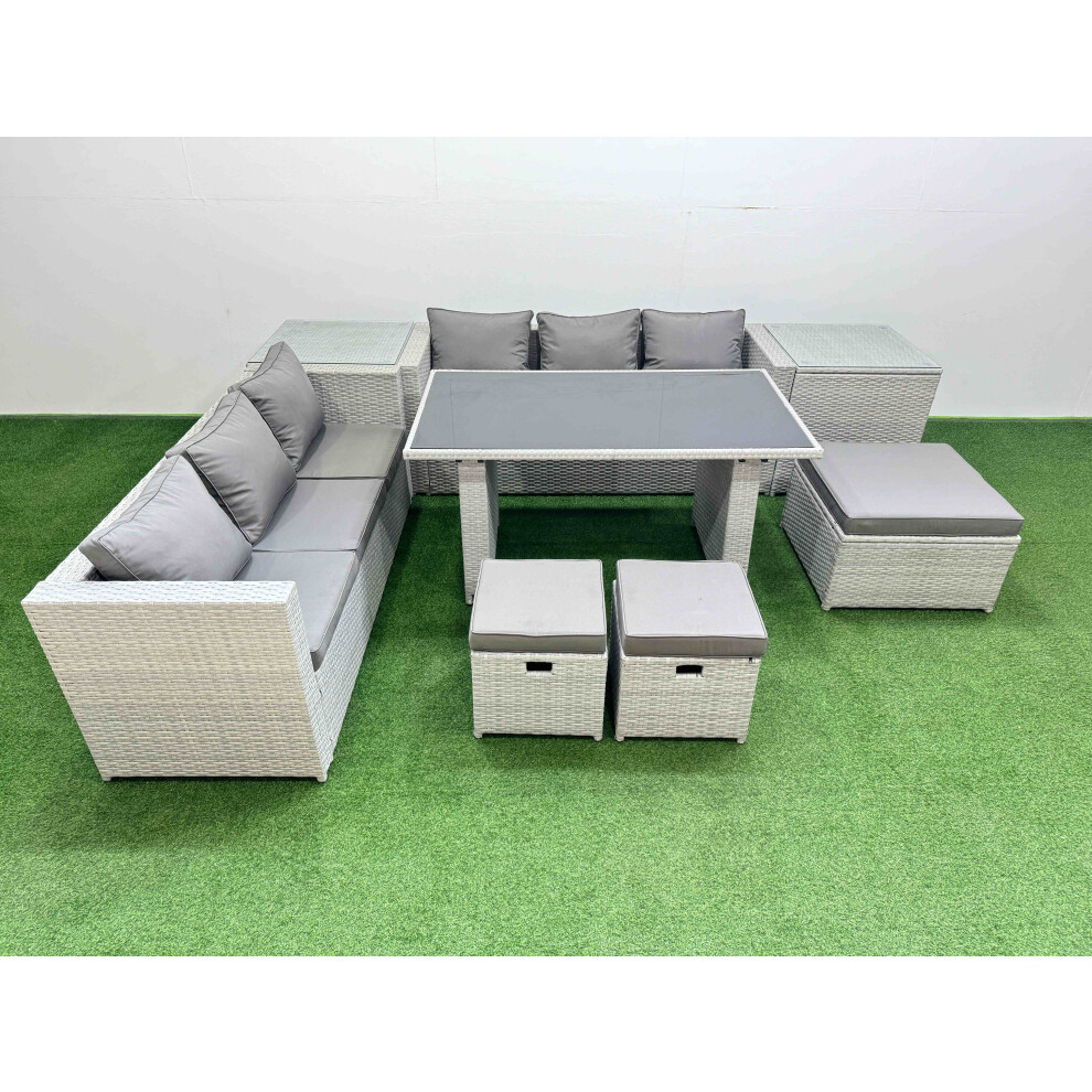 Fimous Rattan Garden Furniture Dining Set 9-seater Patio Rectangular Table Sofa Set with 2 Side Tables 3 Stools Light Grey