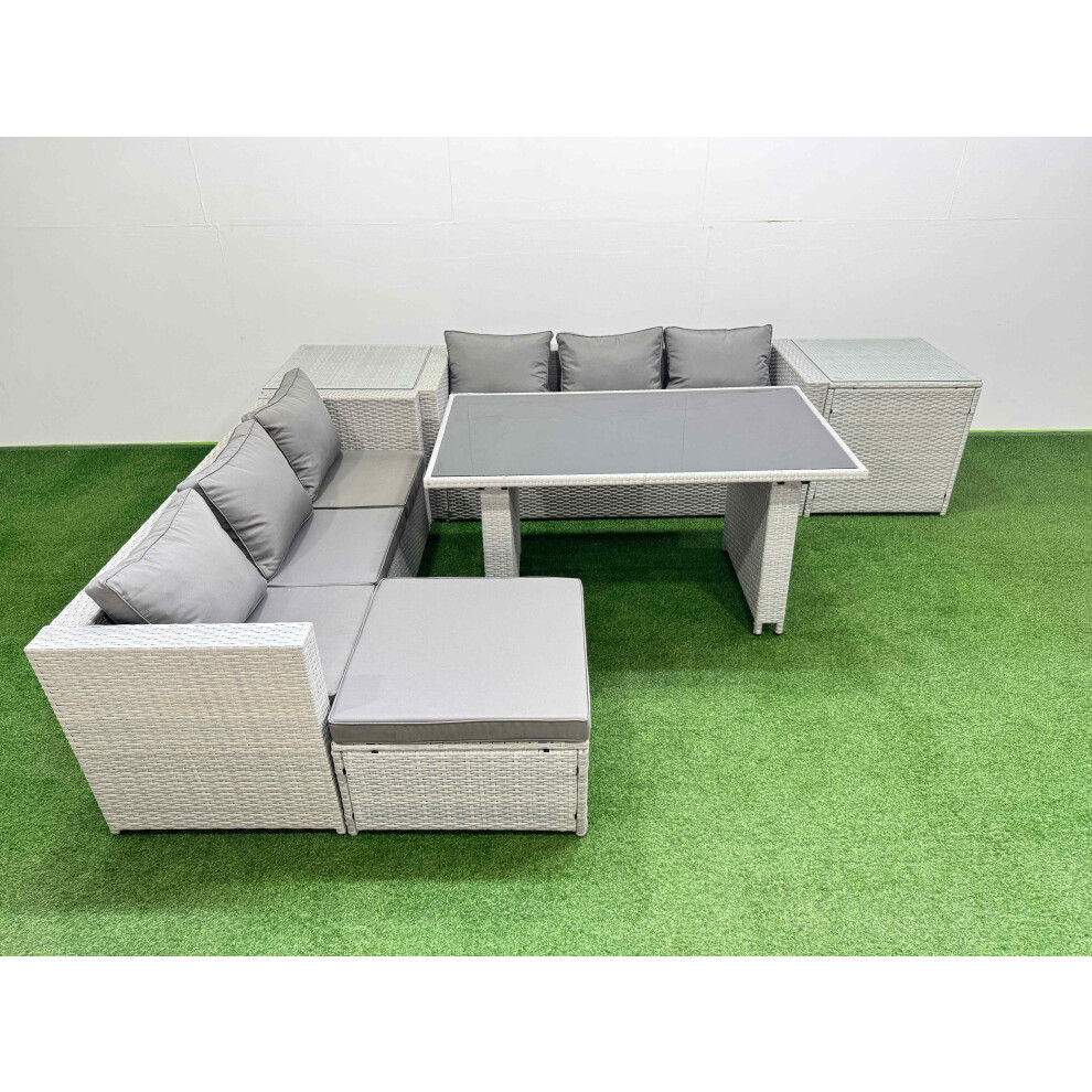 Fimous Rattan Garden Furniture Dining Set 7-Seater Patio Rectangular Table Sofa Set With 2 Side Tables Big Stool Light Grey