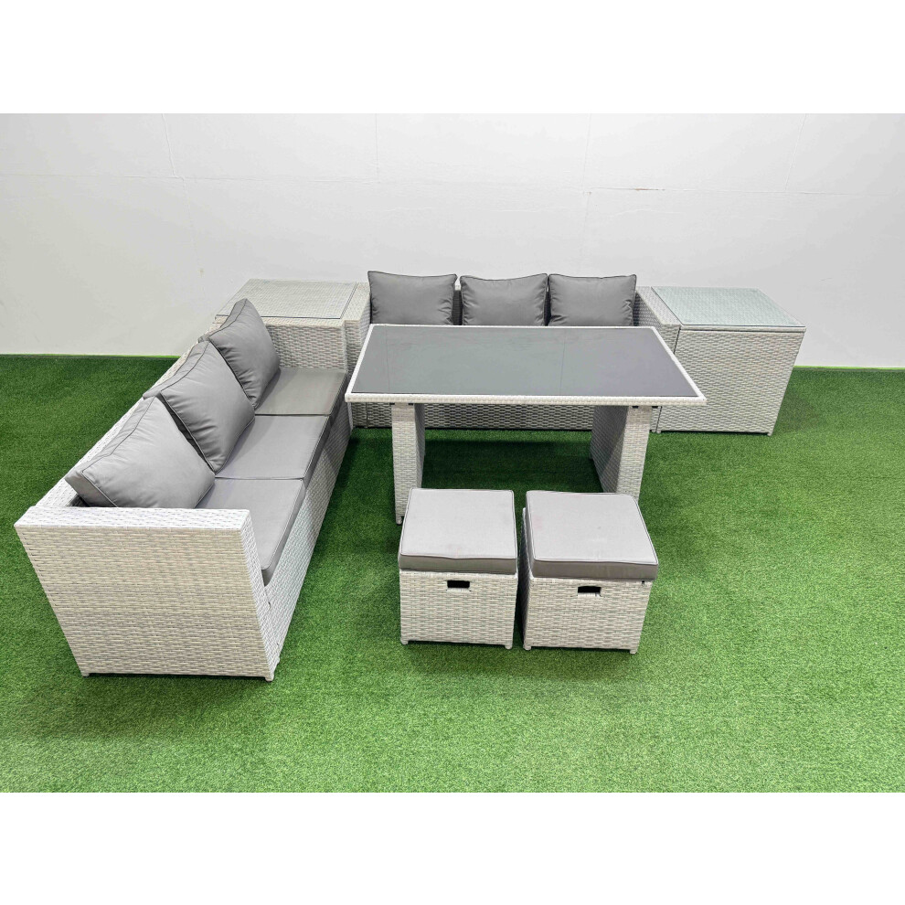 Rackhams Light/Grey Rattan Garden Furniture Dining Set 8 Seater Patio Rectangular Table Sofa Set With 2 Side Tables 2 Small Stools - Image 2