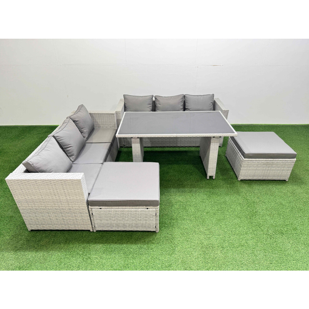 Rackhams Light/Grey Rattan Garden Furniture Dining Set 8 Seater Patio Rectangular Table Sofa Set With 2 Big Stools - Image 2