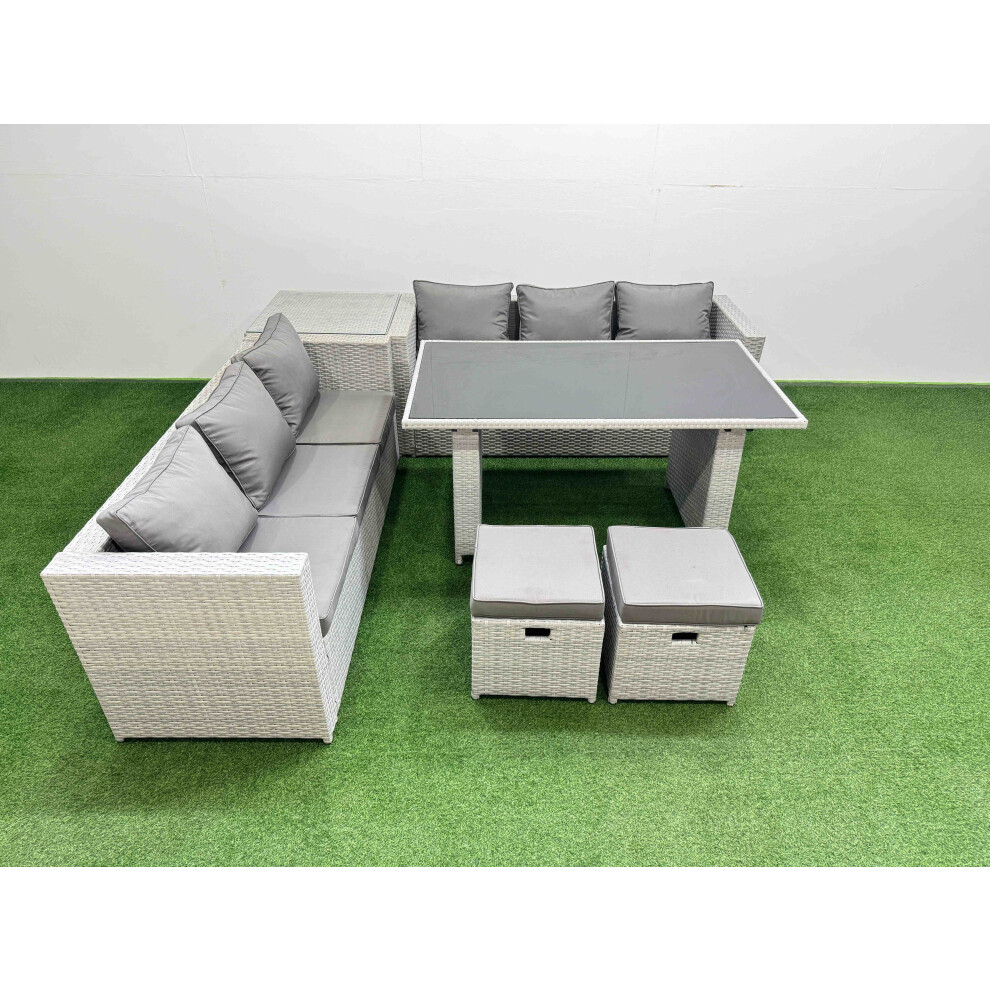 Fimous Rattan Garden Furniture Dining Set 8-seater Patio Rectangular Table Sofa Set with Side Table 2 Small Stools Light Grey