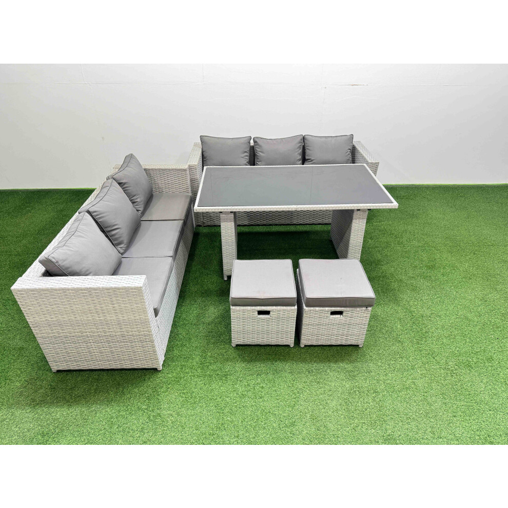 Fimous Rattan Garden Furniture Dining Set 8-Seater Patio Rectangular Table Sofa Set With 2 Small Stools Light Grey