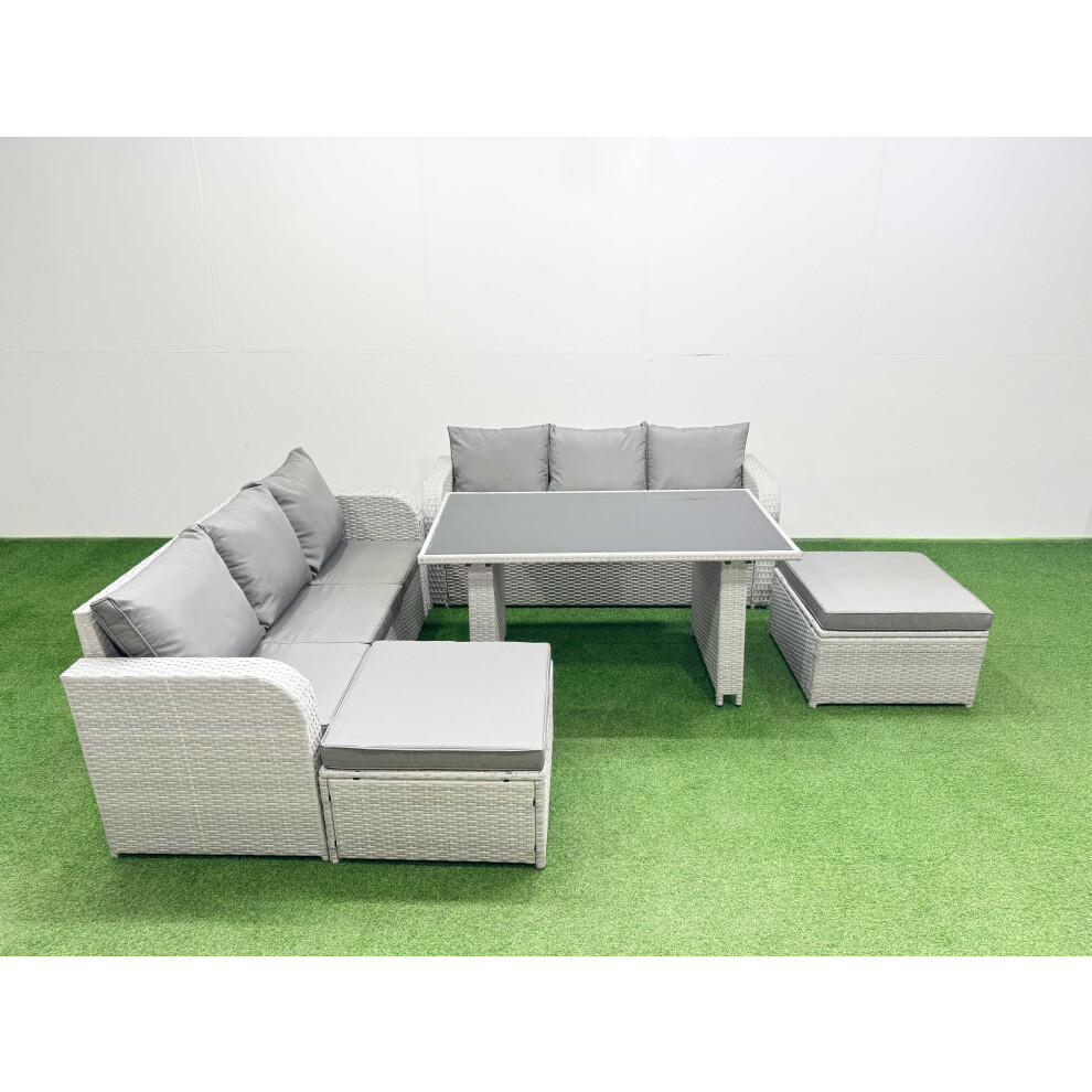 Fimous 8 Seater Rattan Outdoor Dining Table 3 Seater Sofa Set with 2 Big Stools Light Grey-image-OPC-PH82FW6-NEW